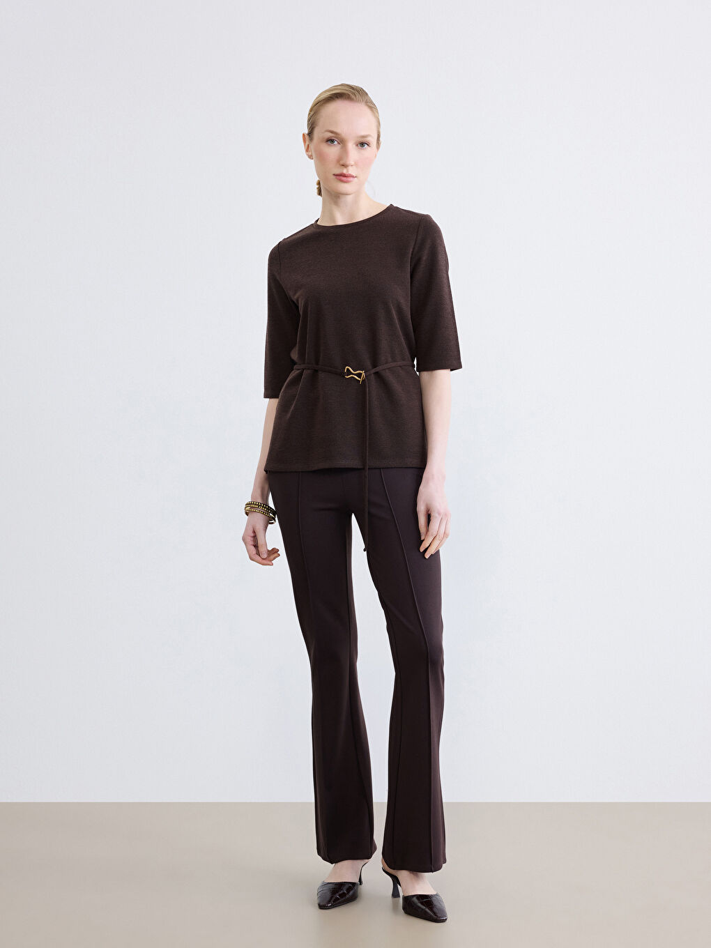 Crew Neck Sash Waist Blouse-1