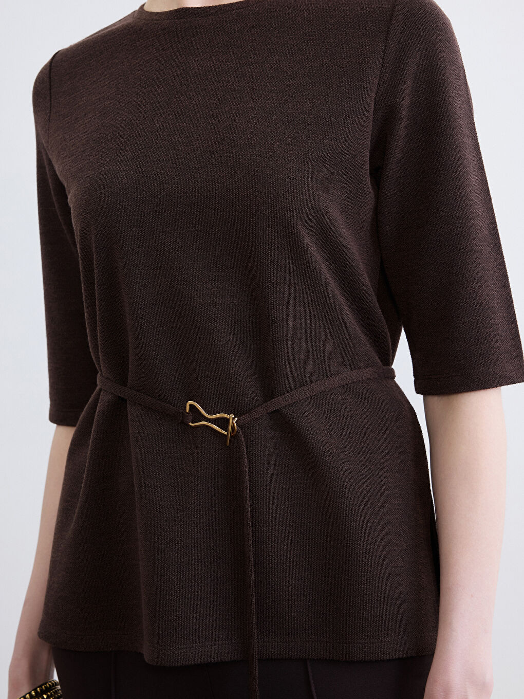 Crew Neck Sash Waist Blouse-2