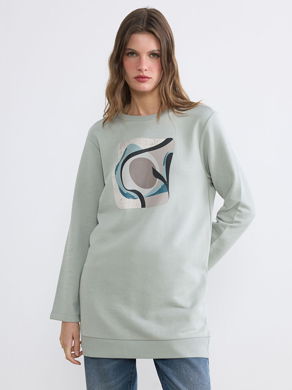 Gri Bisiklet Yaka Baskılı Kadın Sweatshirt Tunik