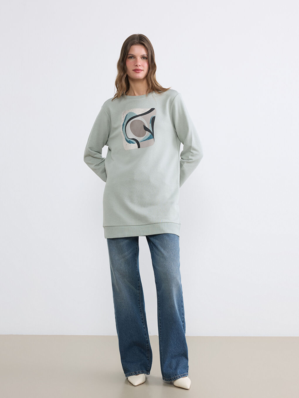 Gri Bisiklet Yaka Baskılı Kadın Sweatshirt Tunik-1