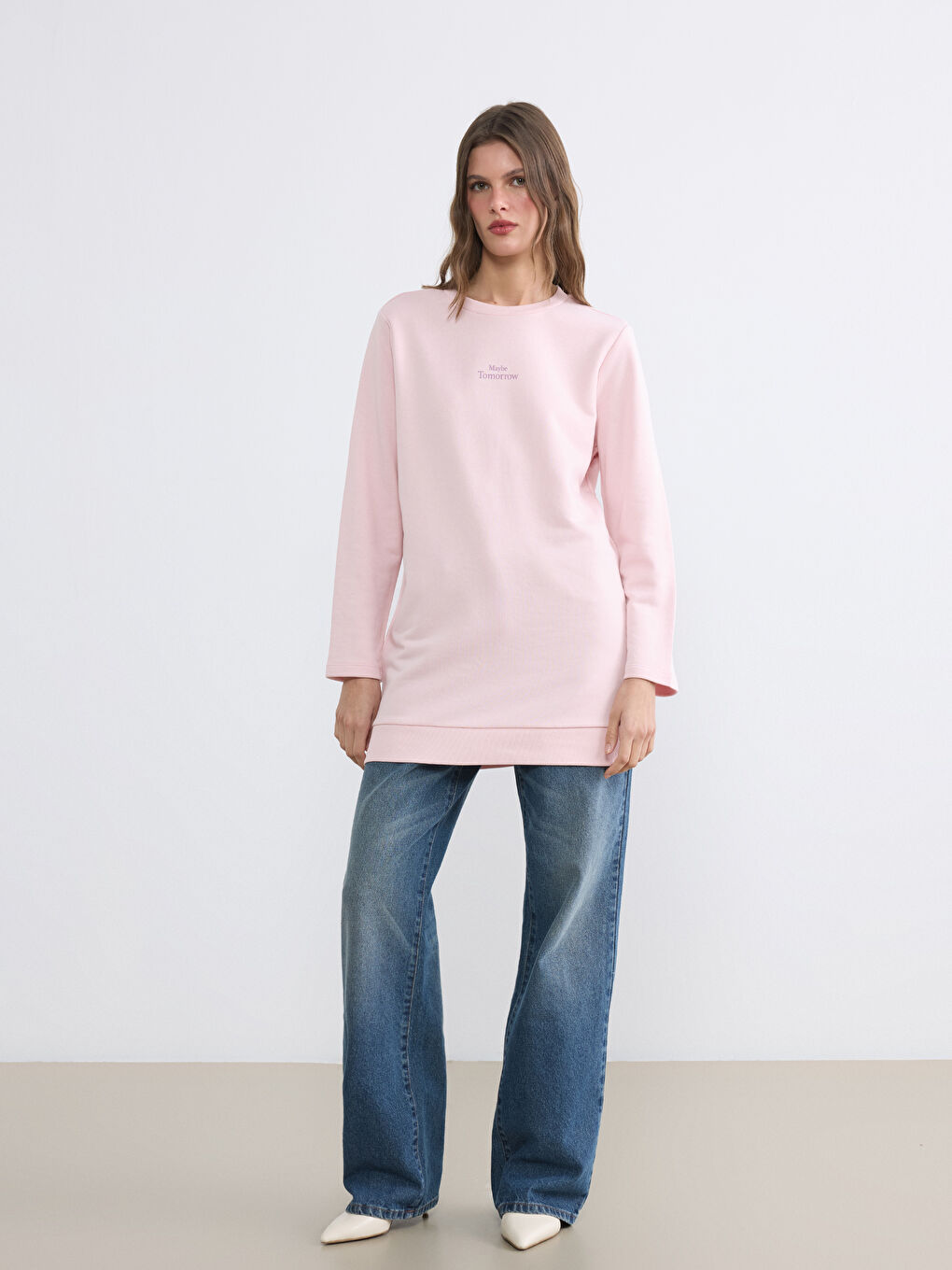 Pembe Bisiklet Yaka Kadın Sweatshirt Tunik-1