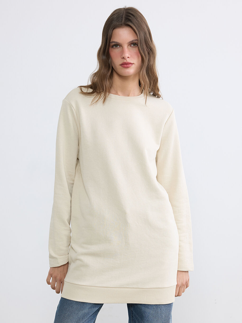 Bej Bisiklet Yaka Kadın Sweatshirt Tunik