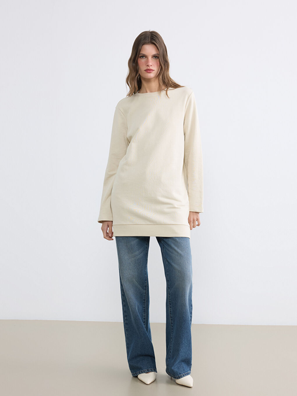 Bej Bisiklet Yaka Kadın Sweatshirt Tunik-1