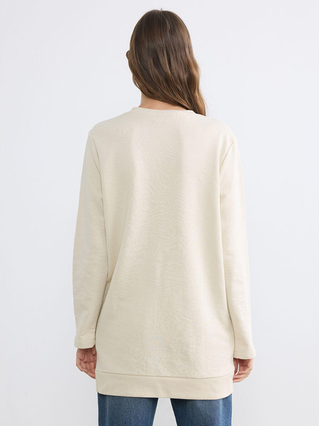 Bej Bisiklet Yaka Kadın Sweatshirt Tunik-3