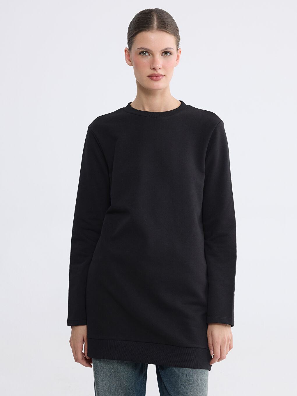 Siyah Bisiklet Yaka Kadın Sweatshirt Tunik