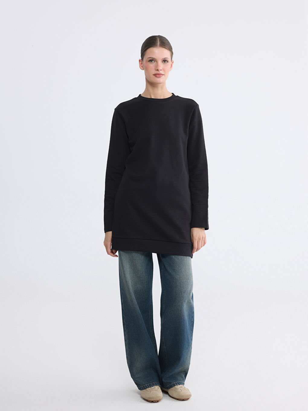 Siyah Bisiklet Yaka Kadın Sweatshirt Tunik-1