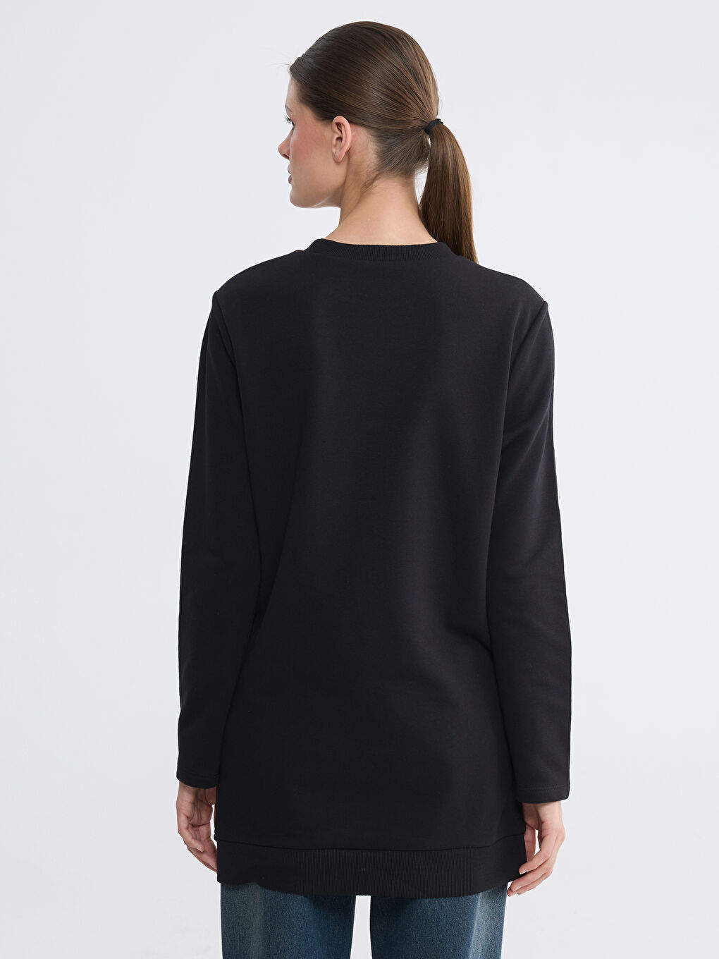 Siyah Bisiklet Yaka Kadın Sweatshirt Tunik-3