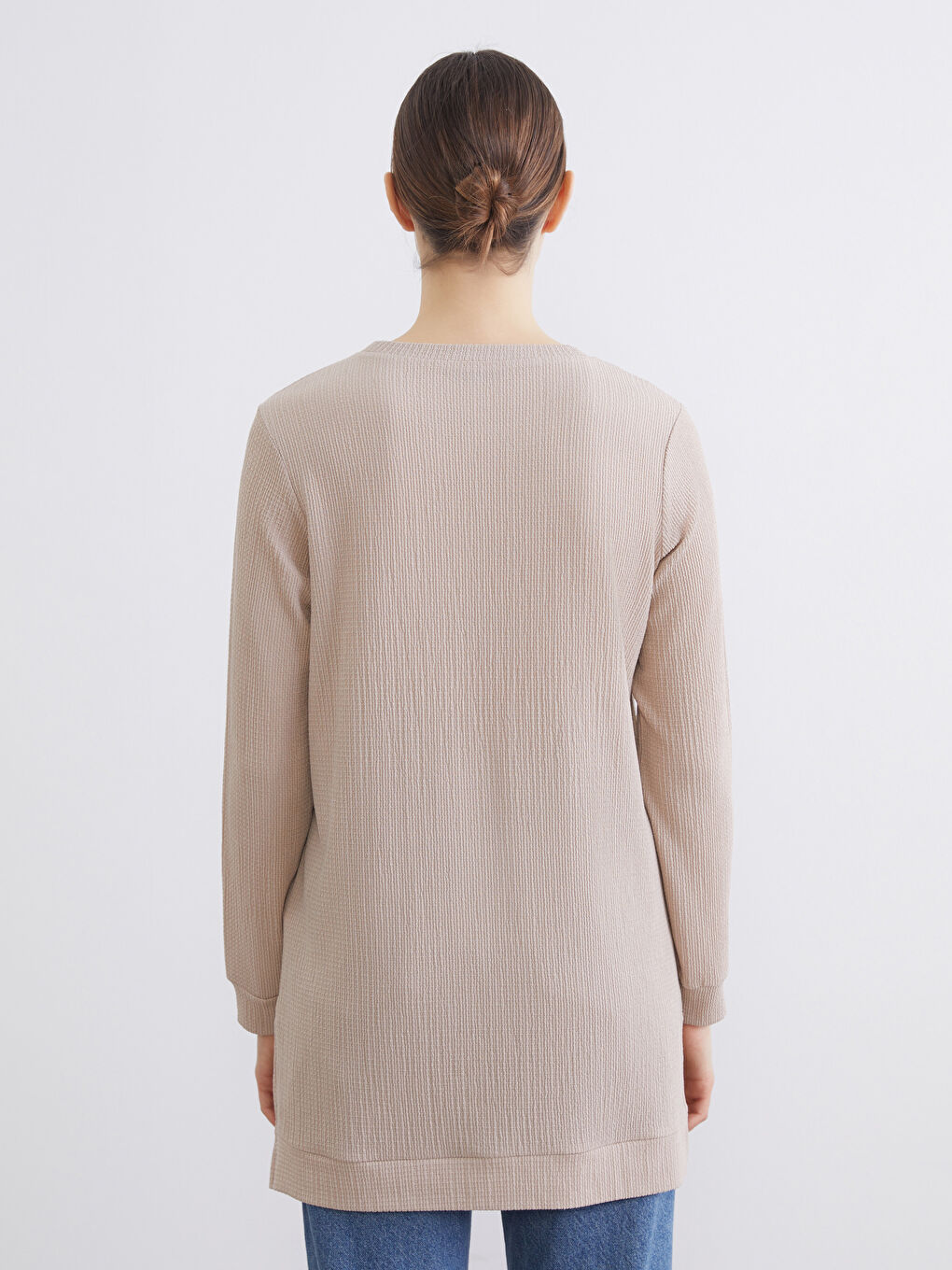 Bej Bisiklet Yaka Dokulu Kadın Tunik	-3