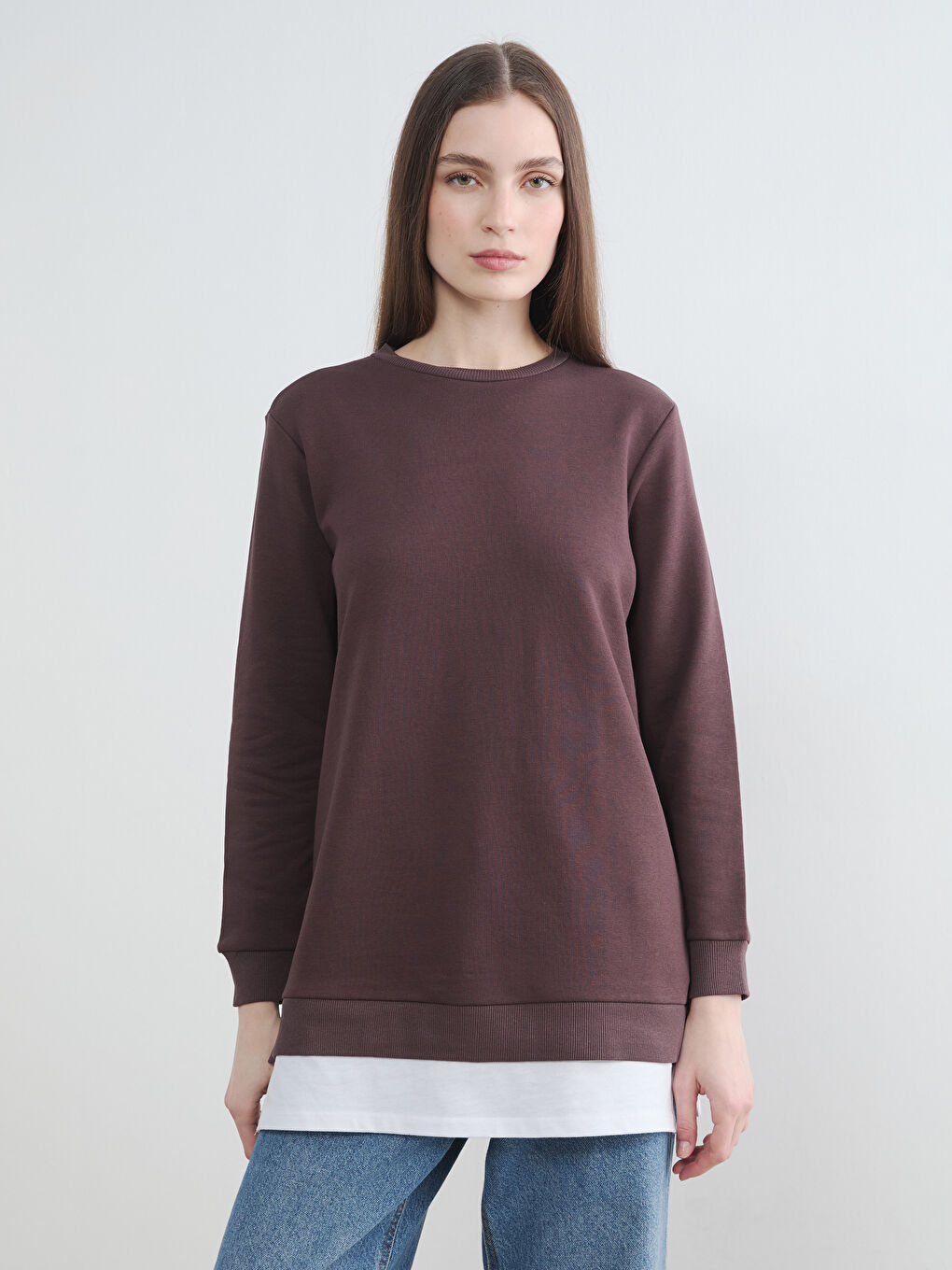 Kahverengi Bisiklet Yaka Kadın Sweatshirt Tunik