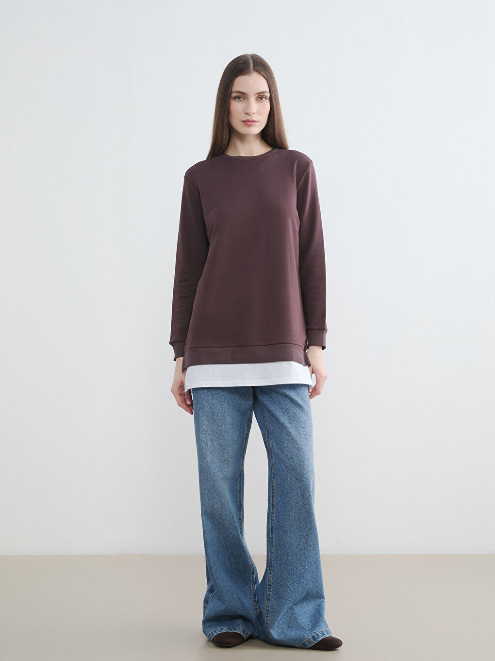 Kahverengi Bisiklet Yaka Kadın Sweatshirt Tunik-1