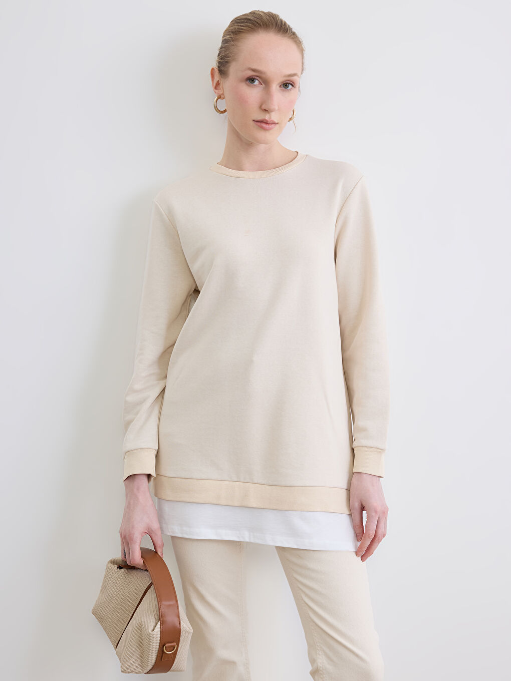 Bej Bisiklet Yaka Kadın Sweatshirt Tunik