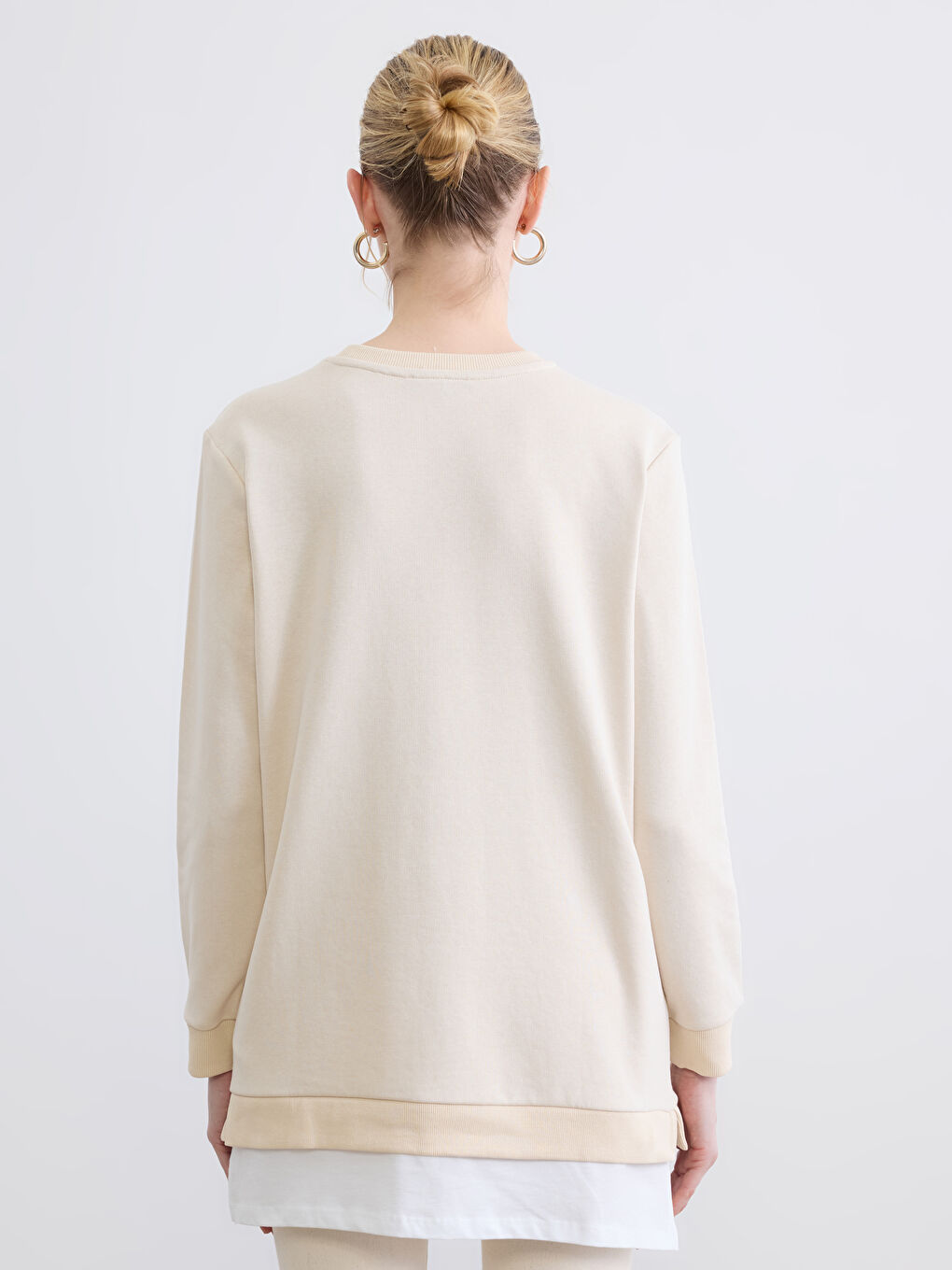 Bej Bisiklet Yaka Kadın Sweatshirt Tunik-3