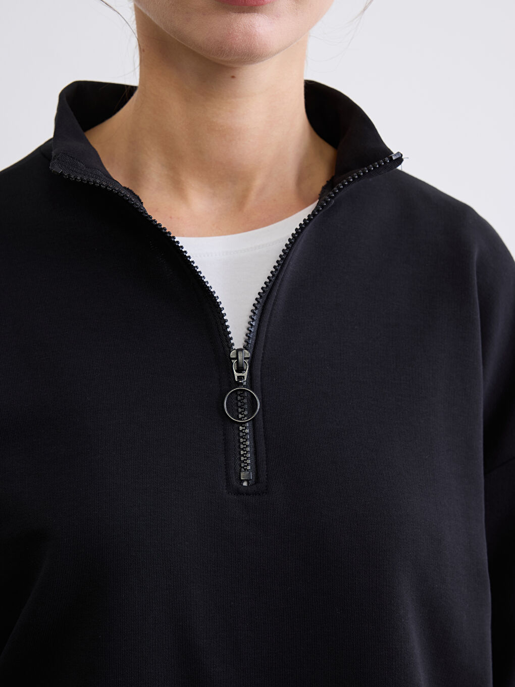 Siyah Dik Yaka Kadın Sweatshirt Tunik-2