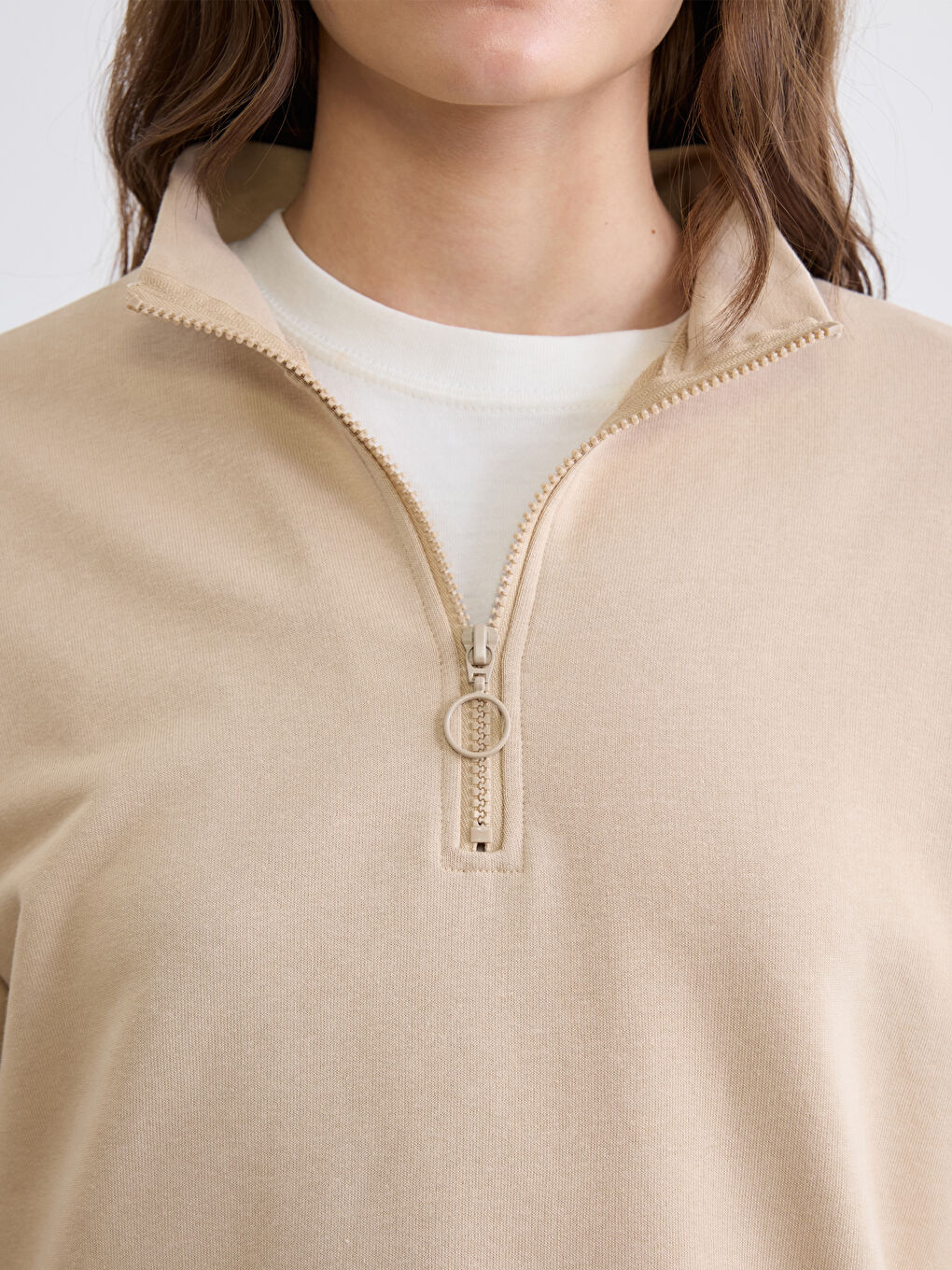 Bej Dik Yaka Kadın Sweatshirt Tunik-2