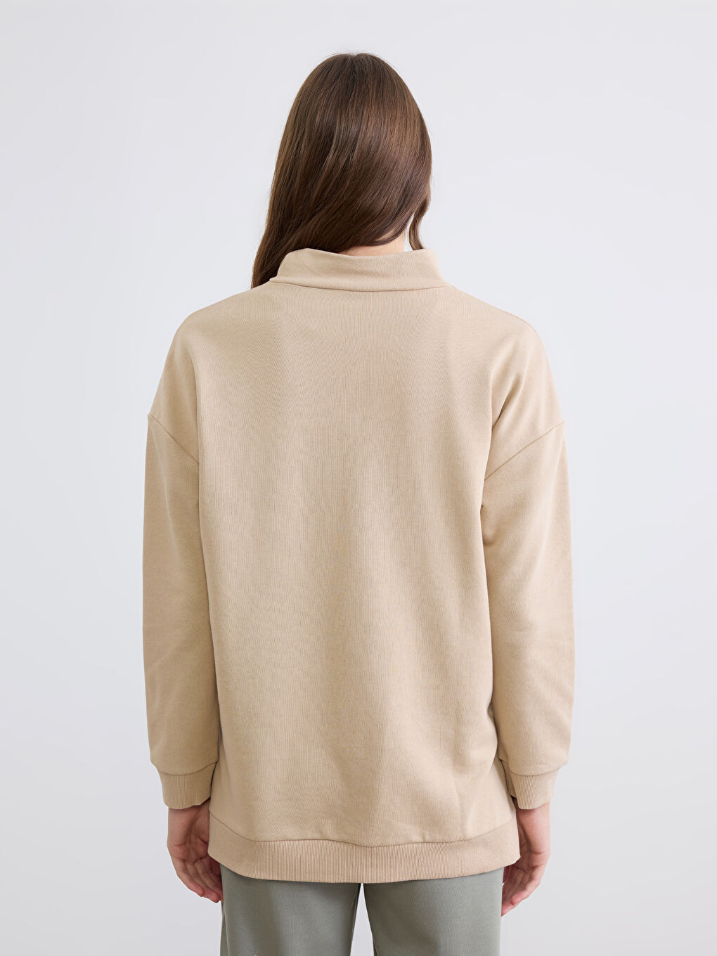 Bej Dik Yaka Kadın Sweatshirt Tunik-3