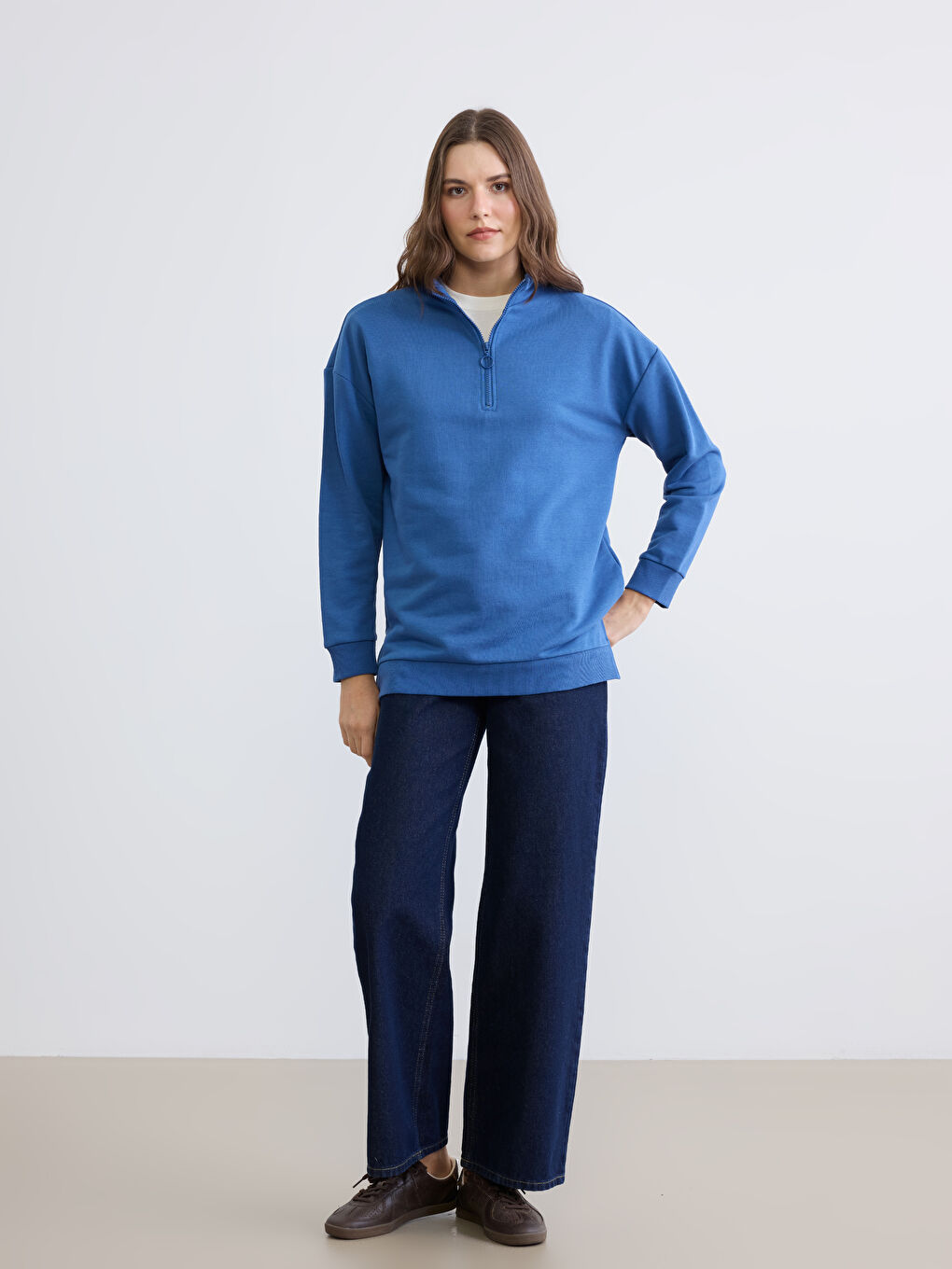 Mavi Dik Yaka Kadın Sweatshirt Tunik-1