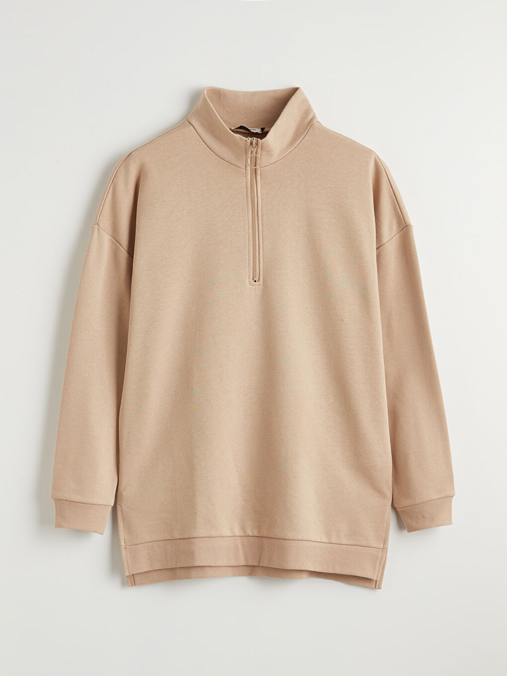 Bej Dik Yaka Kadın Sweatshirt Tunik-4