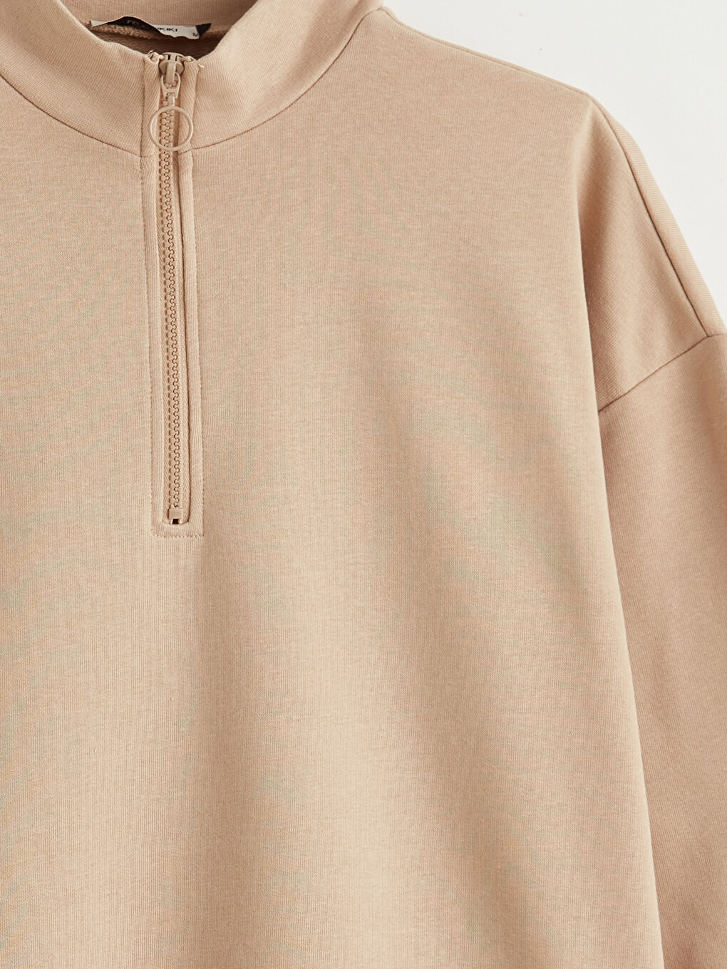 Bej Dik Yaka Kadın Sweatshirt Tunik-5