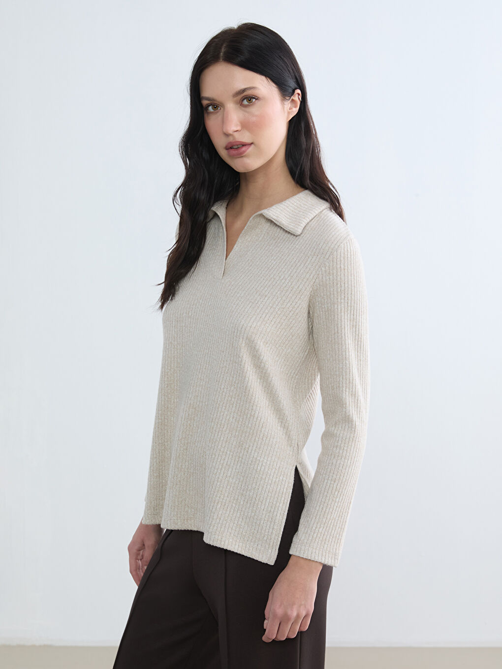 Bej Polo Yaka Fitilli Kadın Sweatshirt	