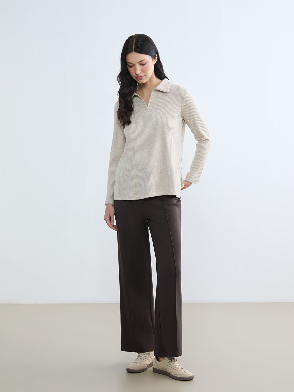 Bej Polo Yaka Fitilli Kadın Sweatshirt	-1