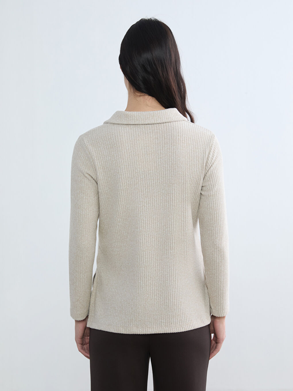 Bej Polo Yaka Fitilli Kadın Sweatshirt	-3