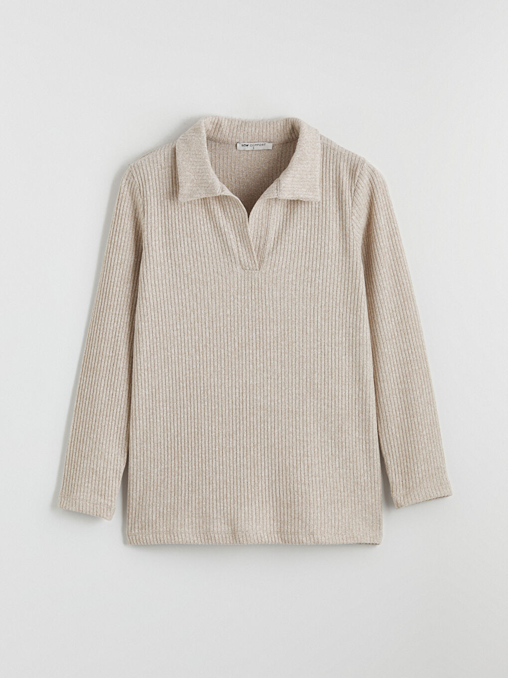 Bej Polo Yaka Fitilli Kadın Sweatshirt	-4