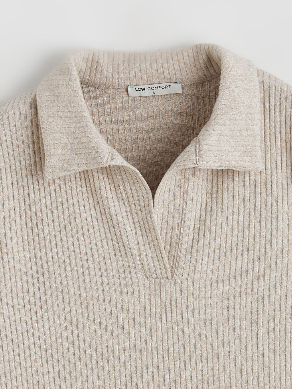 Bej Polo Yaka Fitilli Kadın Sweatshirt	-5