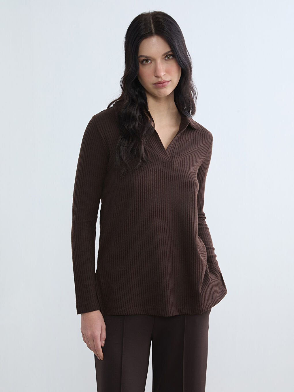 Kahverengi Polo Yaka Fitilli Kadın Sweatshirt	