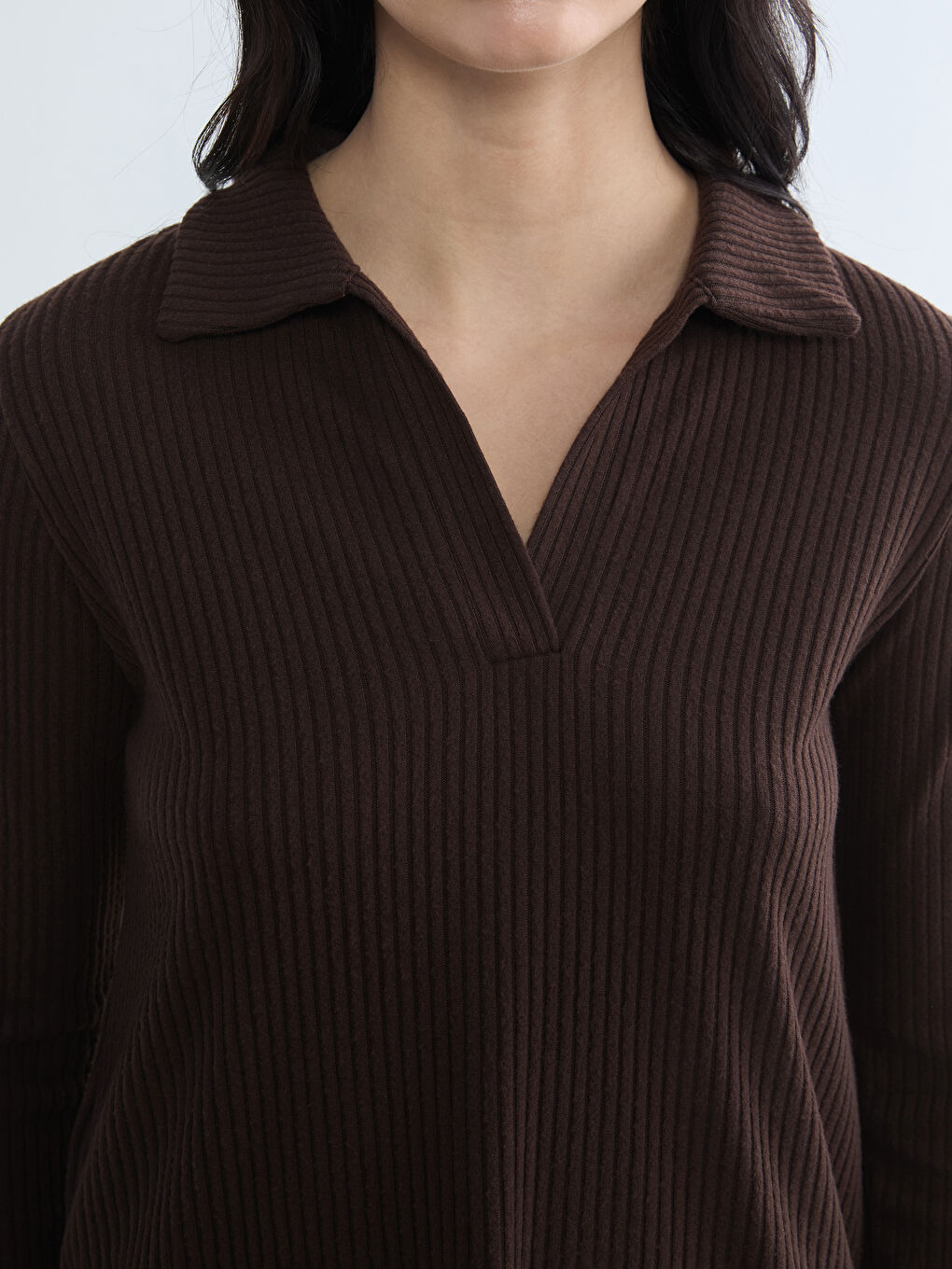 Kahverengi Polo Yaka Fitilli Kadın Sweatshirt	-2