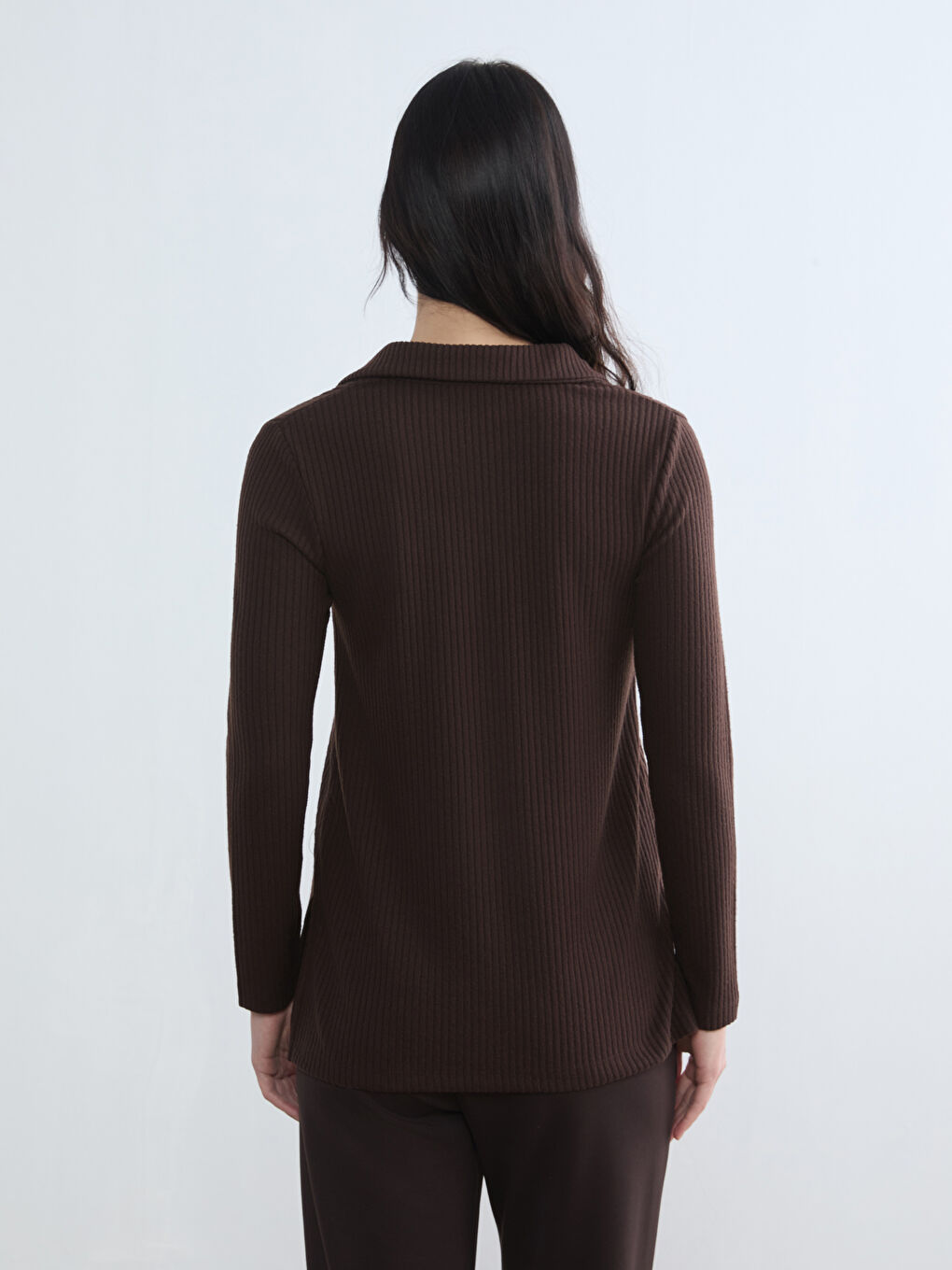 Kahverengi Polo Yaka Fitilli Kadın Sweatshirt	-3