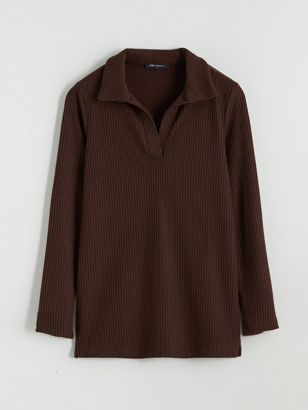 Kahverengi Polo Yaka Fitilli Kadın Sweatshirt	-4