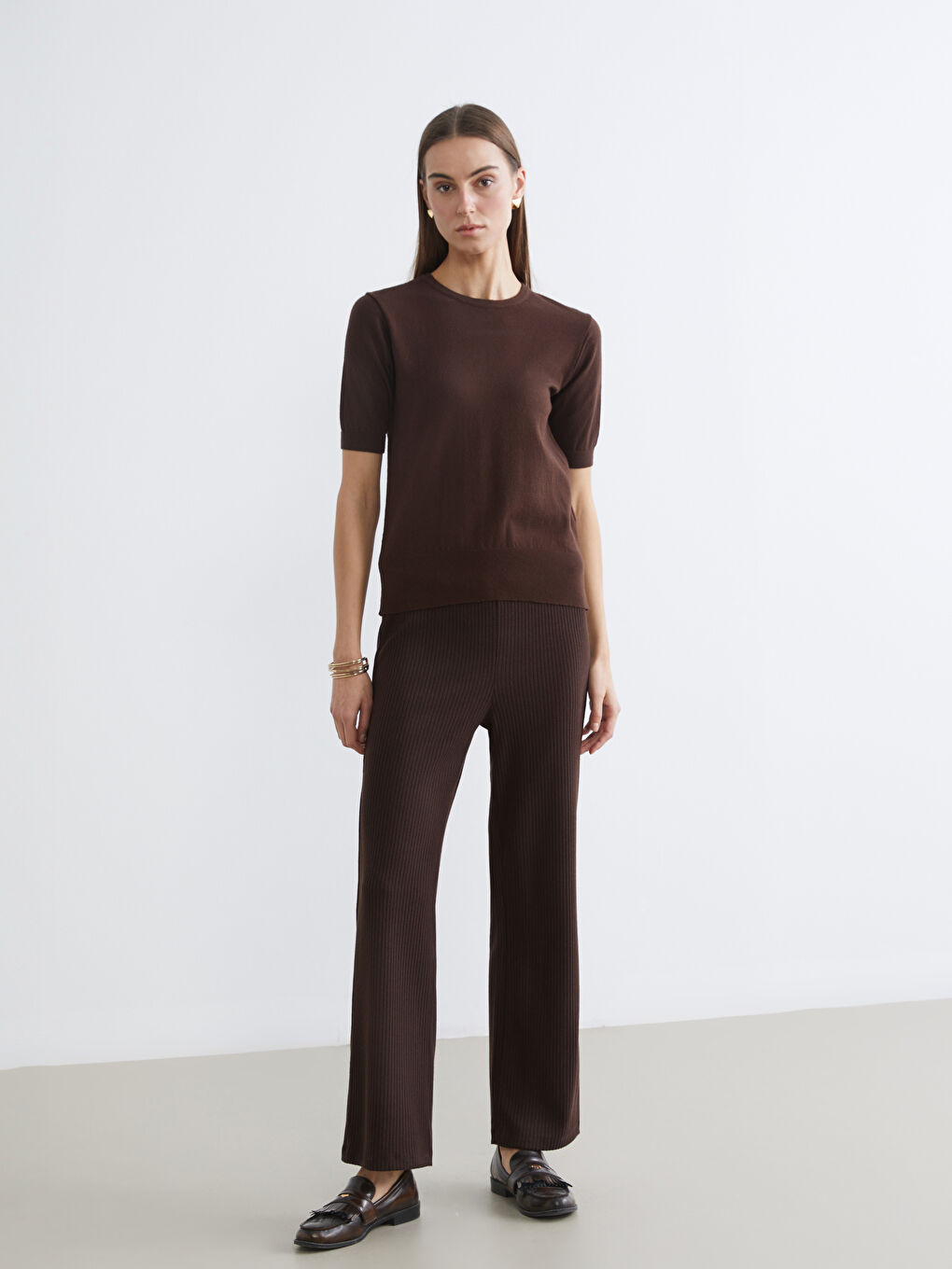 Kahverengi Beli Lastikli İspanyol Paça Kadın Pantolon