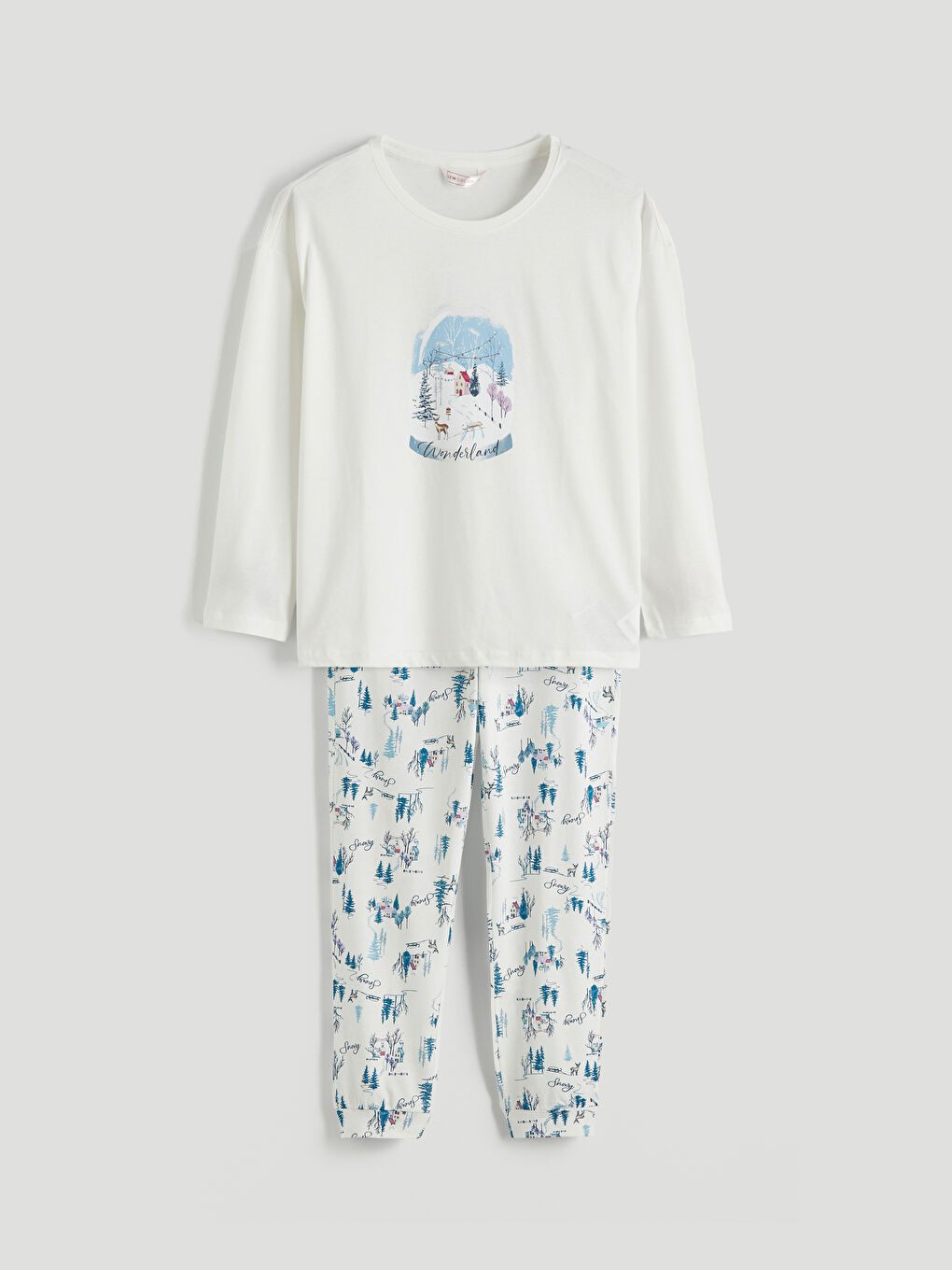 Ekru Bisiklet Yaka Yılbaşı Temalı Kadın Pijama Takımı