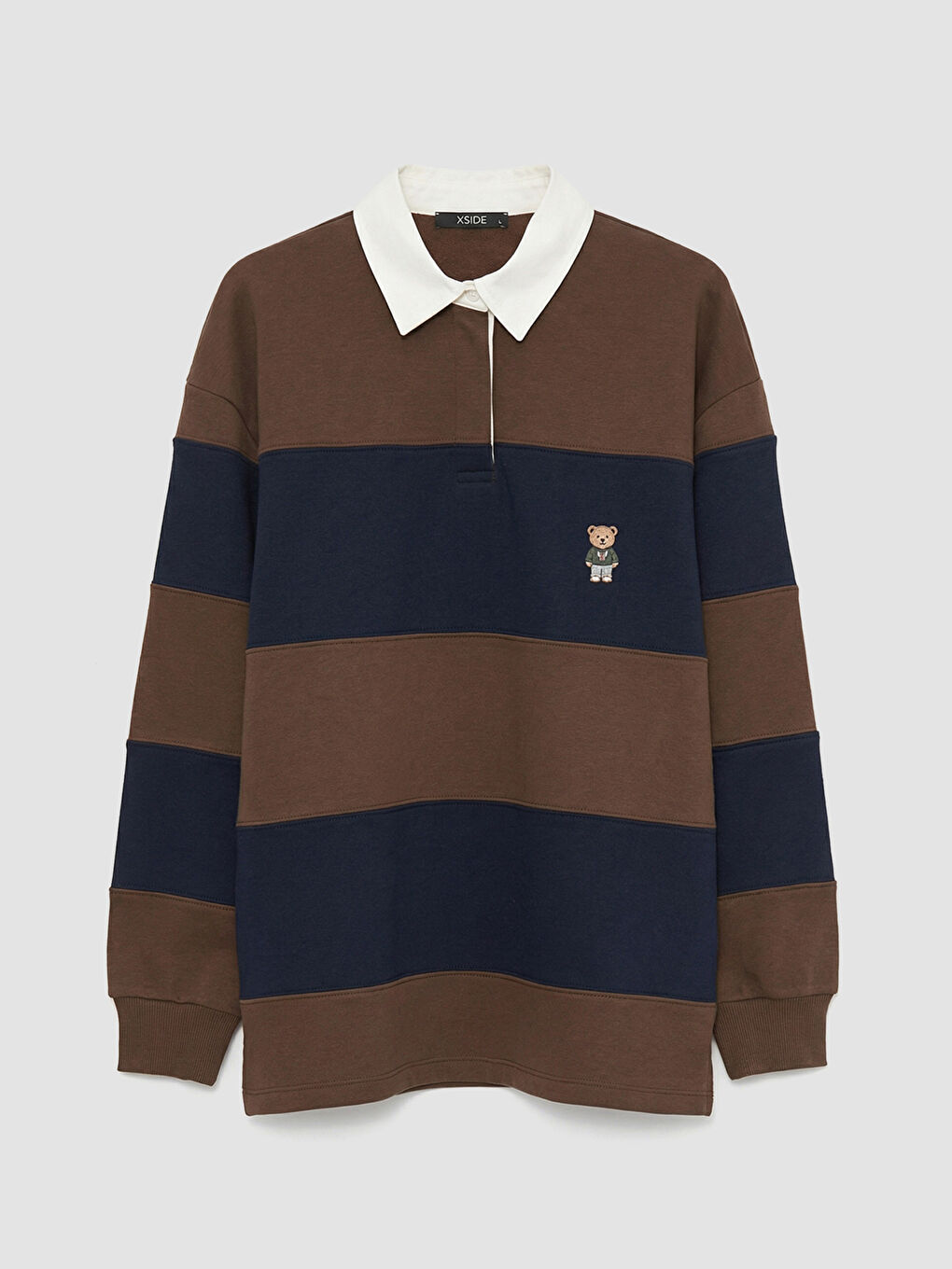 Lacivert Polo Yaka Ayı Nakışlı Kadın Kalın Sweatshirt-4