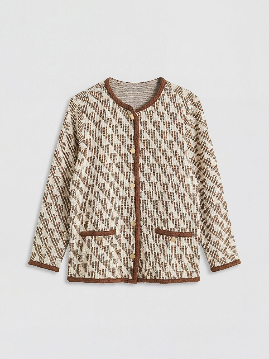 Kahverengi Bisiklet Yaka Desenli Kadın Hırka-4