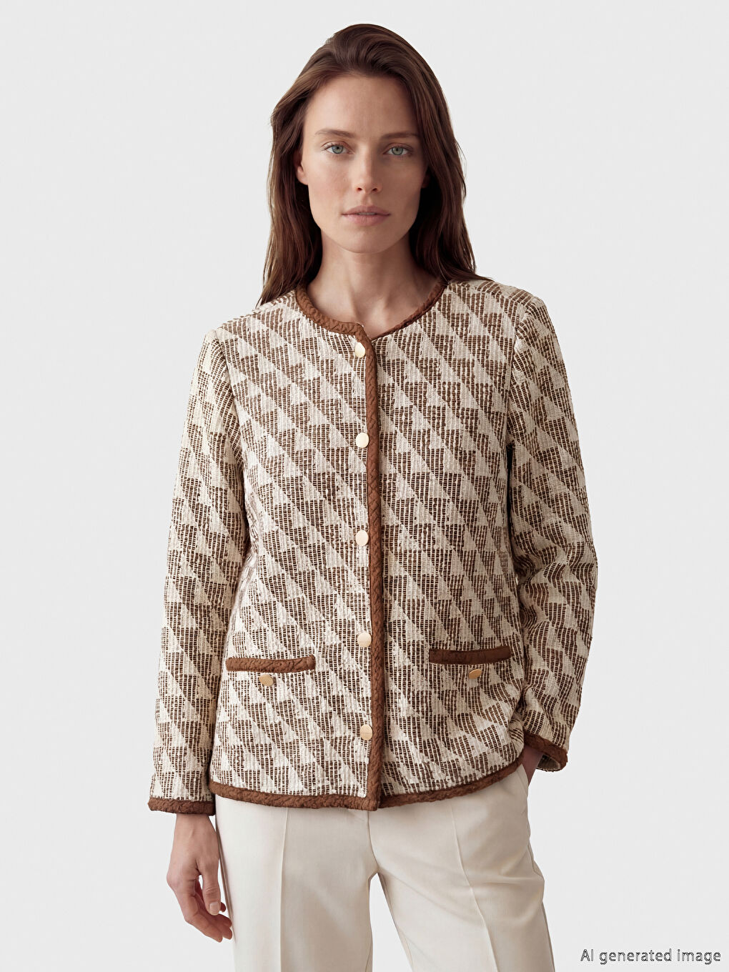 Kahverengi Bisiklet Yaka Desenli Kadın Hırka