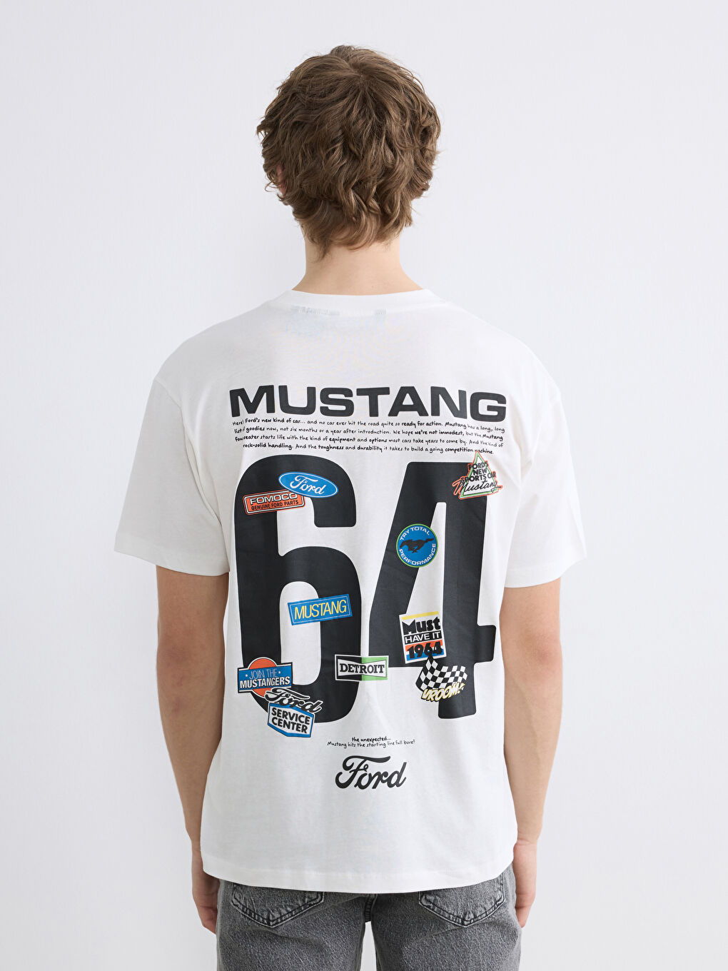 Ekru Bisiklet Yaka Ford Baskılı Erkek Tişört-3