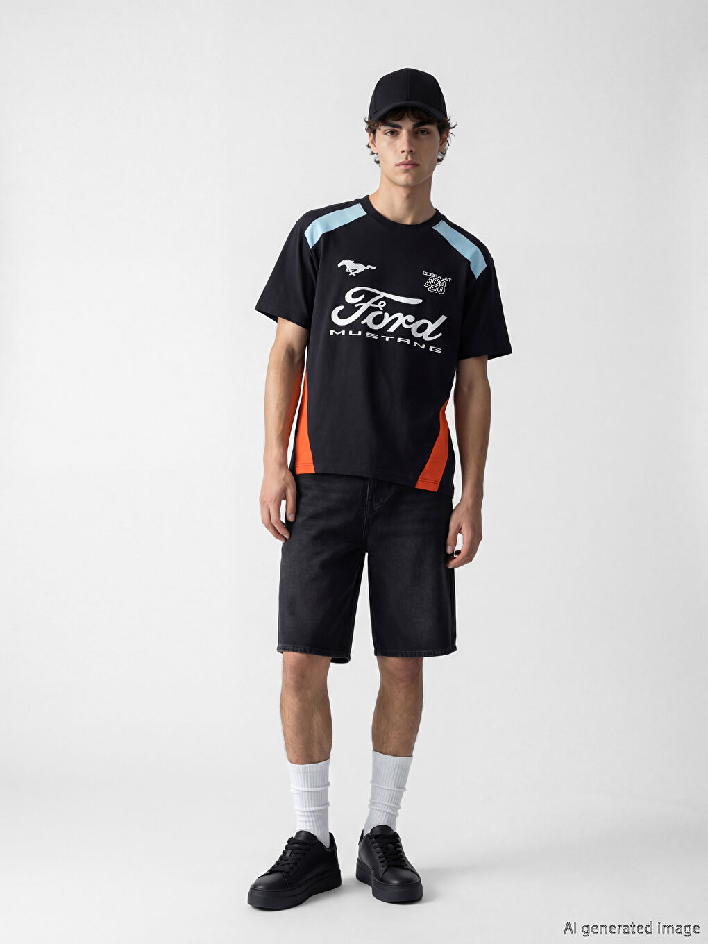 Siyah Ford Baskılı Bisiklet Yaka Erkek Tişört-1