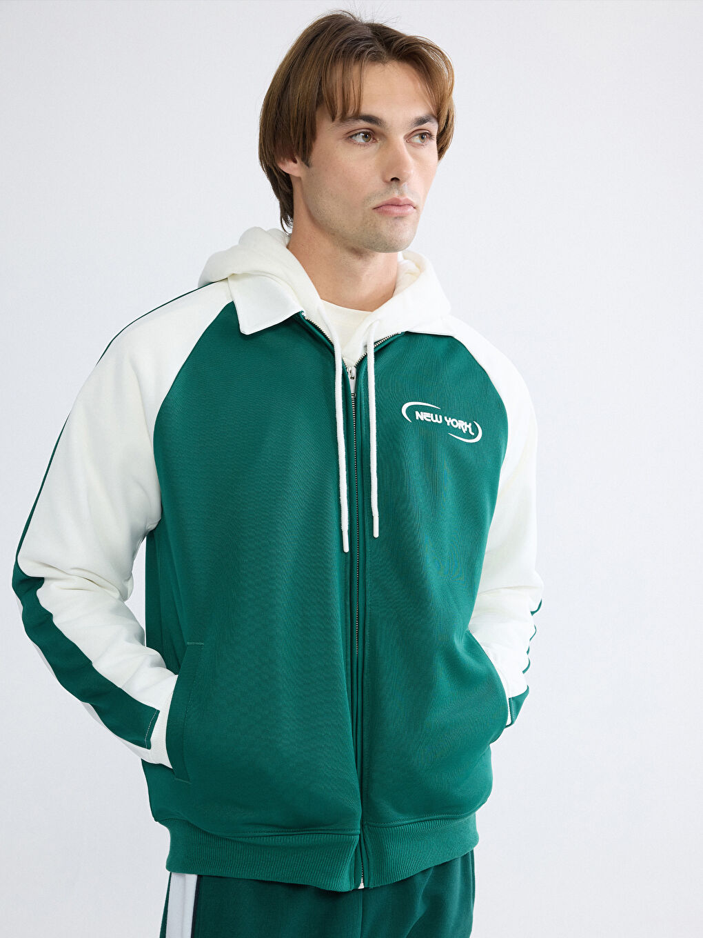 Yeşil Loose Fit New York Baskılı Erkek Fermuarlı Sweatshirt