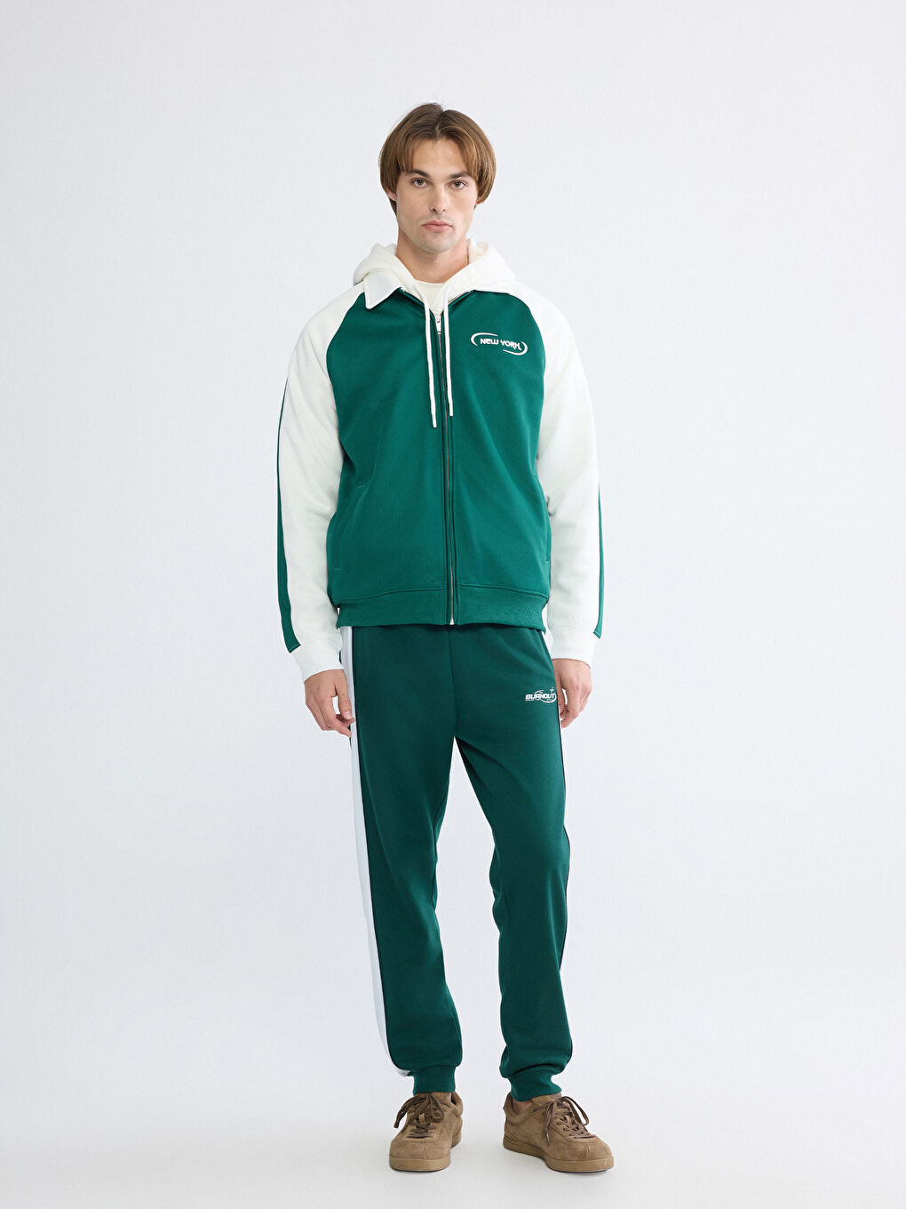 Yeşil Loose Fit New York Baskılı Erkek Fermuarlı Sweatshirt-1