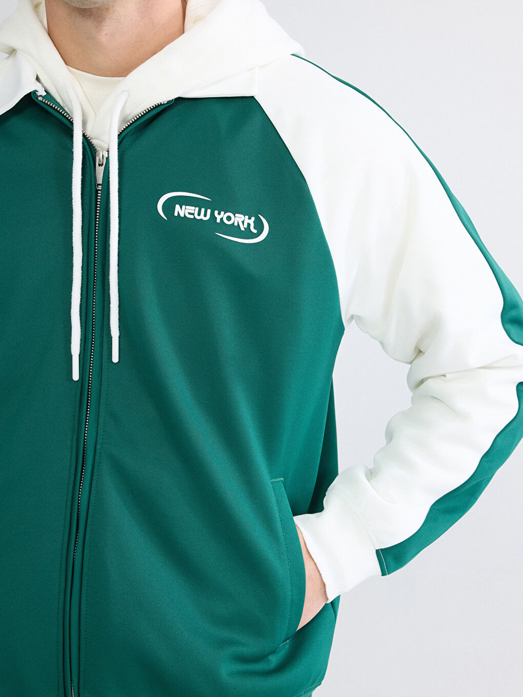 Yeşil Loose Fit New York Baskılı Erkek Fermuarlı Sweatshirt-2