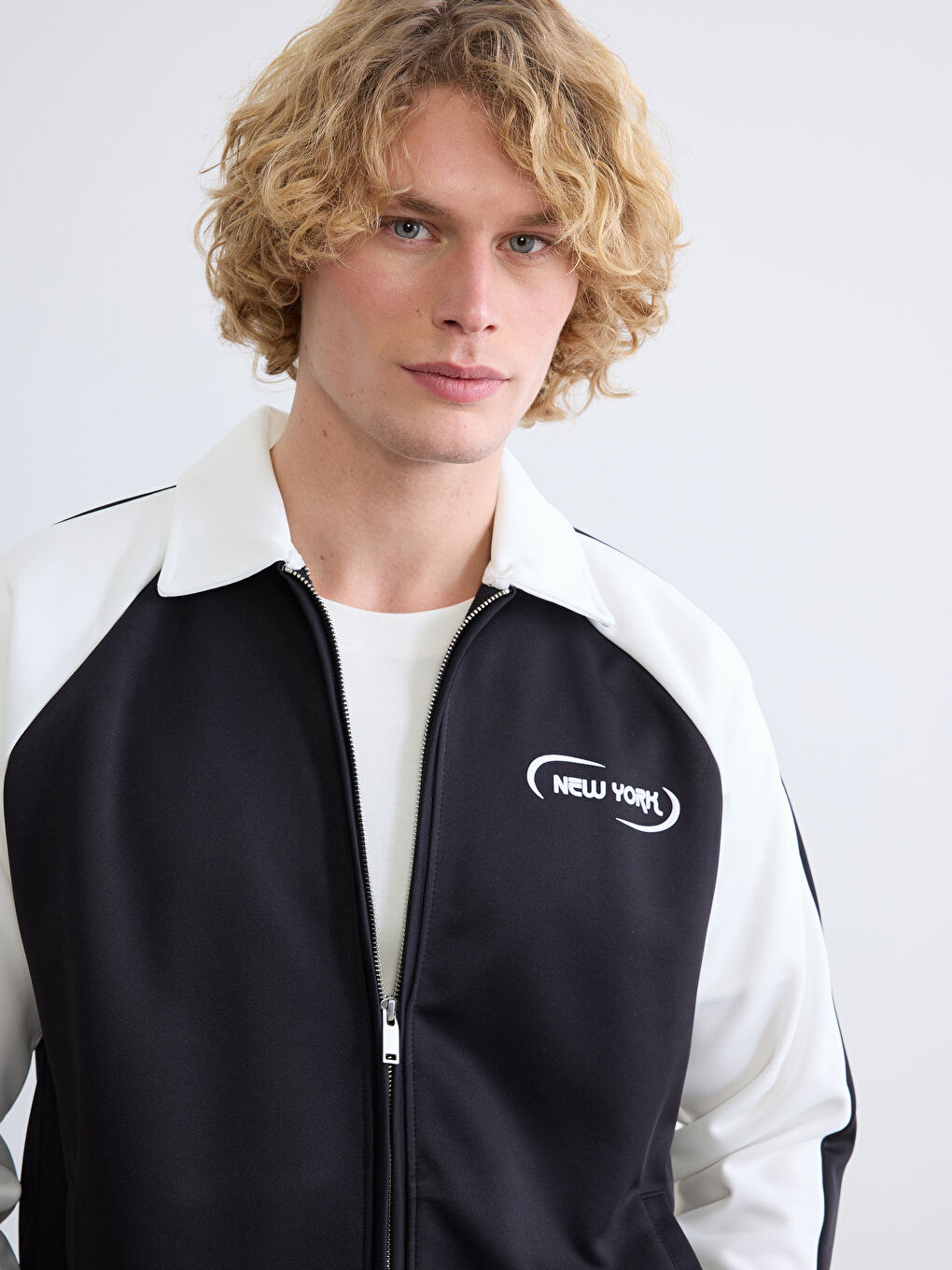 Siyah Loose Fit New York Baskılı Erkek Fermuarlı Sweatshirt