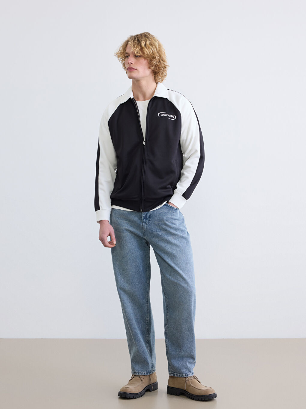 Siyah Loose Fit New York Baskılı Erkek Fermuarlı Sweatshirt-2