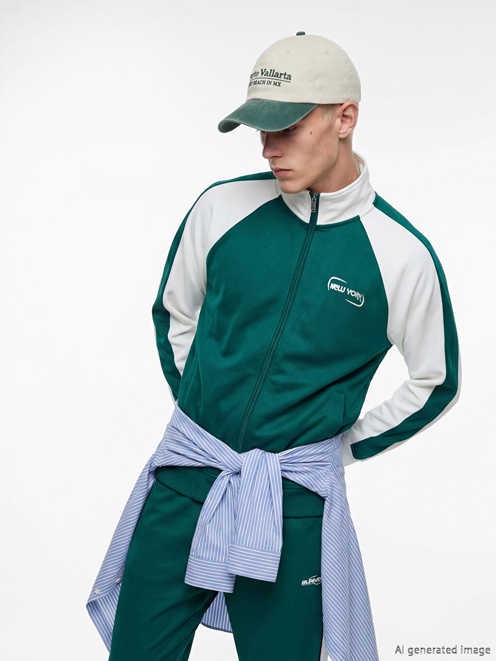 Yeşil Loose Fit New York Baskılı Erkek Fermuarlı Sweatshirt-1