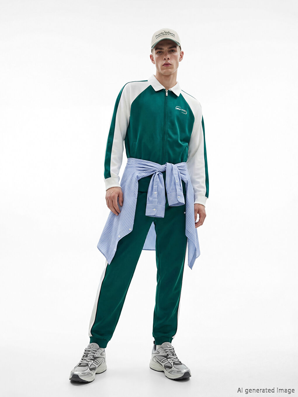 Yeşil Loose Fit New York Baskılı Erkek Fermuarlı Sweatshirt-2