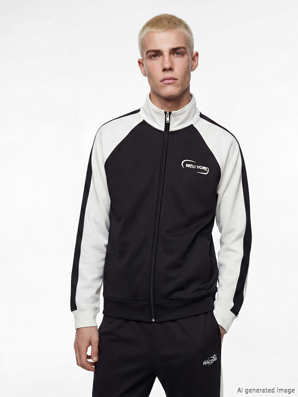 Siyah Loose Fit New York Baskılı Erkek Fermuarlı Sweatshirt-1