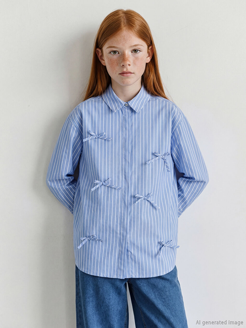 Mavi Fiyonk Detaylı Çizgili Kız Çocuk Poplin Gömlek