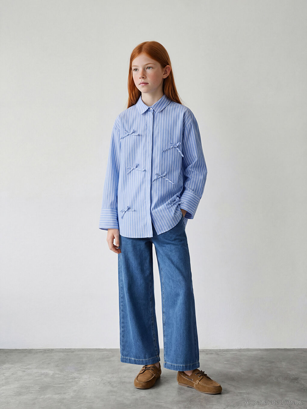 Mavi Fiyonk Detaylı Çizgili Kız Çocuk Poplin Gömlek-1