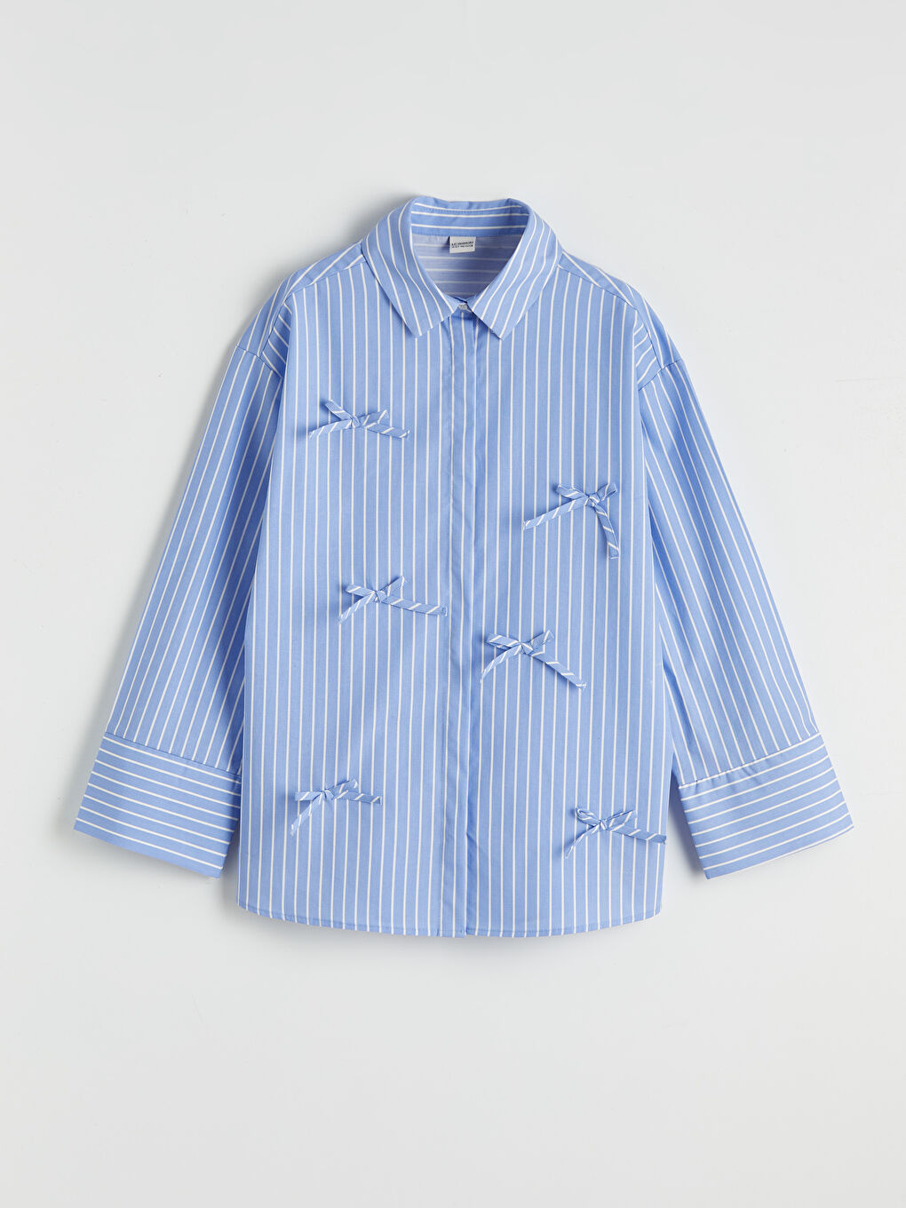 Mavi Fiyonk Detaylı Çizgili Poplin Kız Çocuk Gömlek