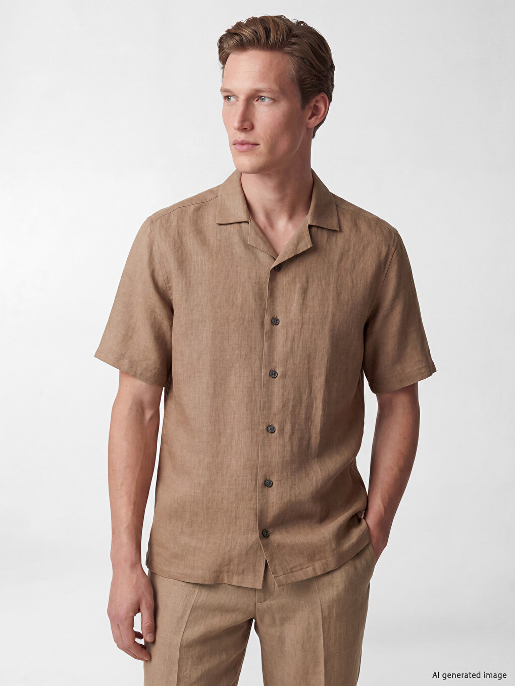 Bej Loose Fit %100 Keten Erkek Gömlek
